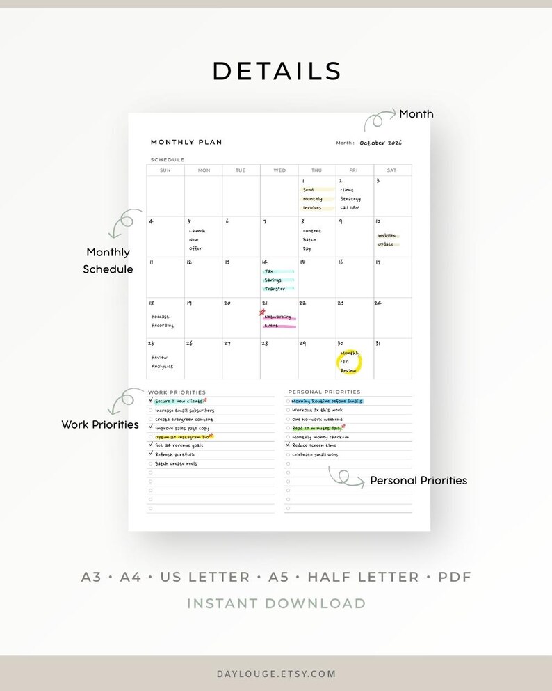 Undated Monthly Planner Printable: Minimalist PDF (A3, A4, US Letter