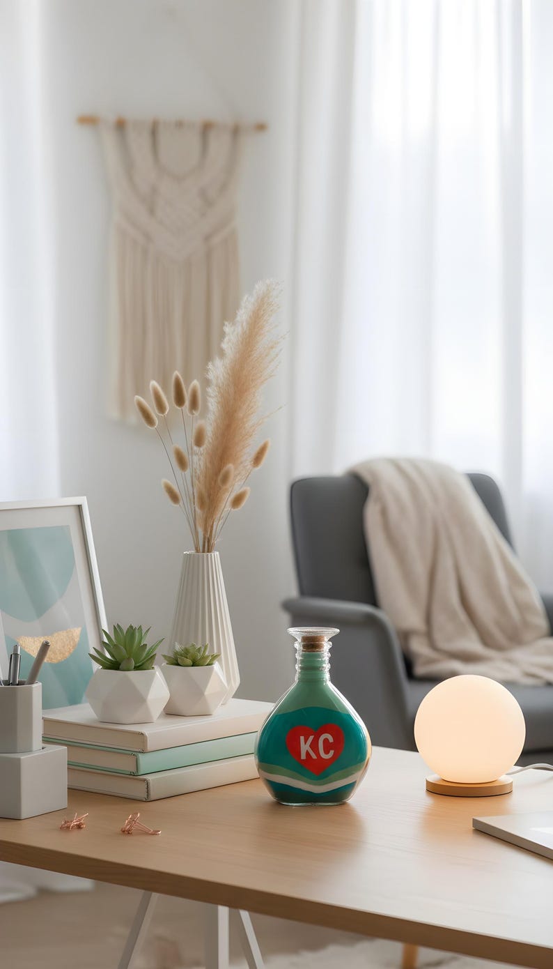 May include: A decorative vignette featuring a teal and red heart-shaped bottle with "KC" text, a white vase with dried flowers, and a small succulent plant. A glowing orb lamp and a macrame wall hanging complete the scene.