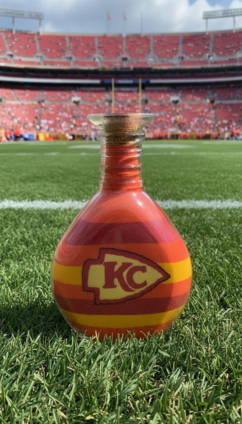 Op de afbeelding: Een decoratieve glazen fles gevuld met lagen rood, oranje en geel zand. De fles heeft het logo van de Kansas City Chiefs en een kurk. De achtergrond toont een voetbalstadion.
