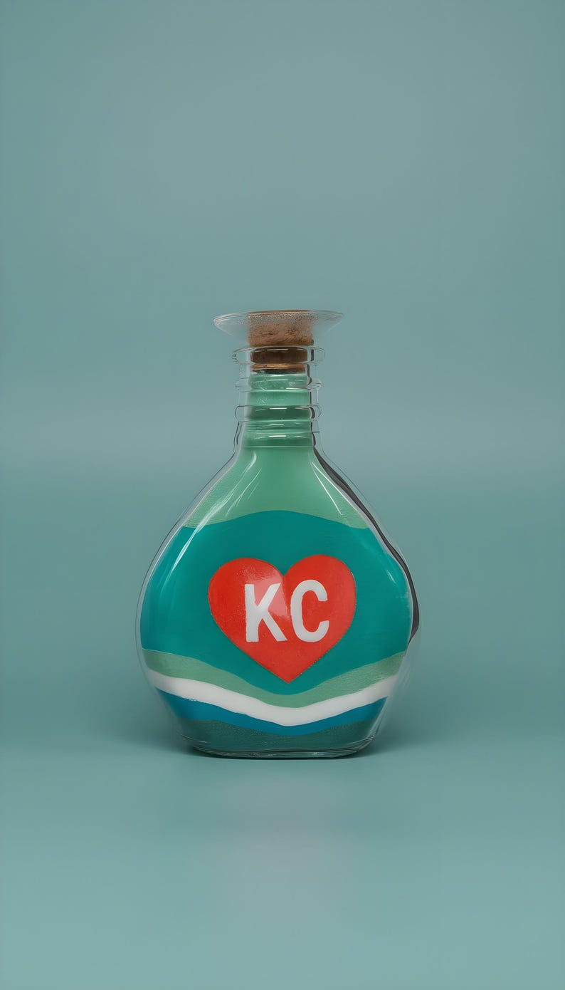 May include: A clear glass bottle with a cork stopper, filled with layers of colored sand. The bottle has a teal and white design with a red heart containing the letters "KC". The background is a solid teal color.