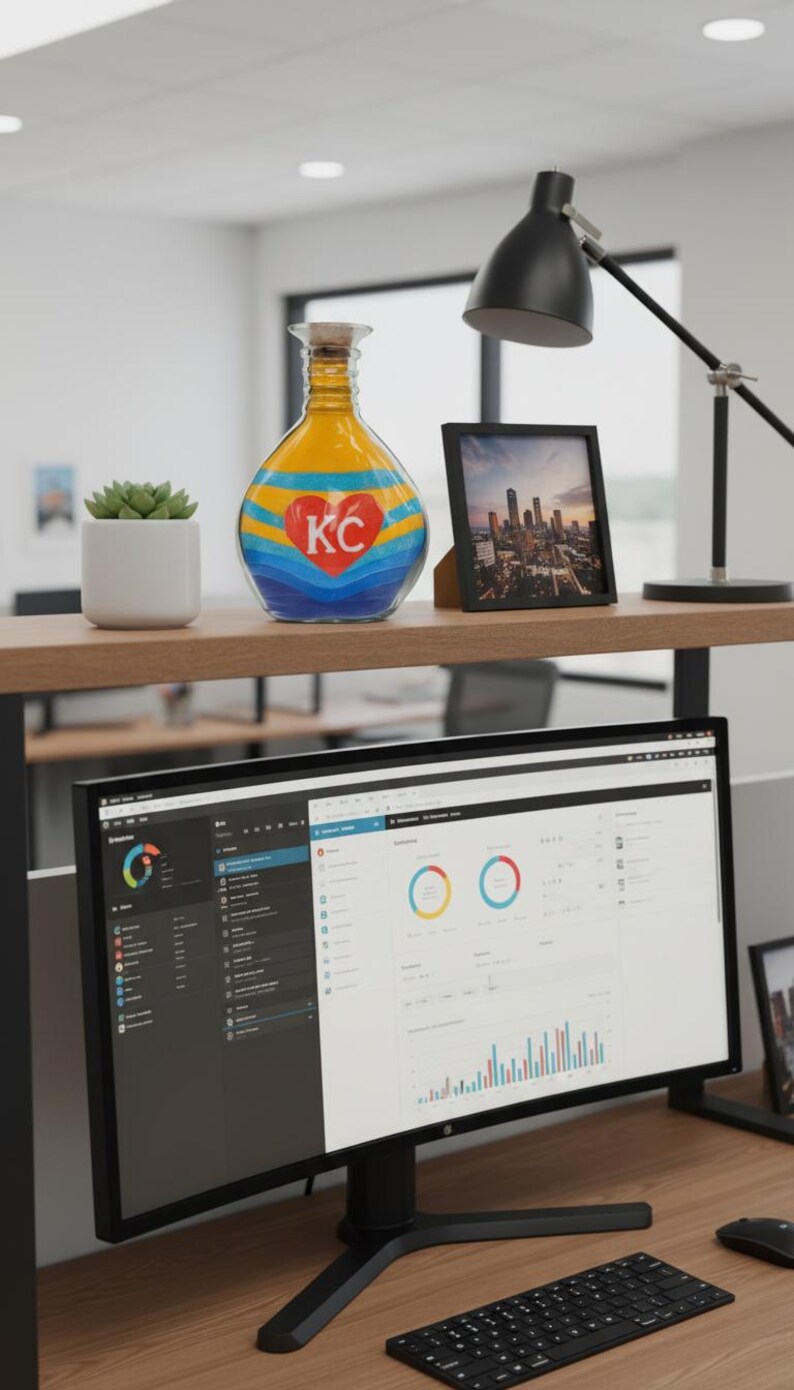 K&ouml;nnte beinhalten: Eine dekorative Glasflasche mit Korken, mit gelbem Oberteil, blauem und rotem Herzdesign und den Buchstaben "KC". Ein gerahmtes Stadtlandschaftsfoto, eine Schreibtischlampe und ein Computermonitor sind ebenfalls sichtbar.
