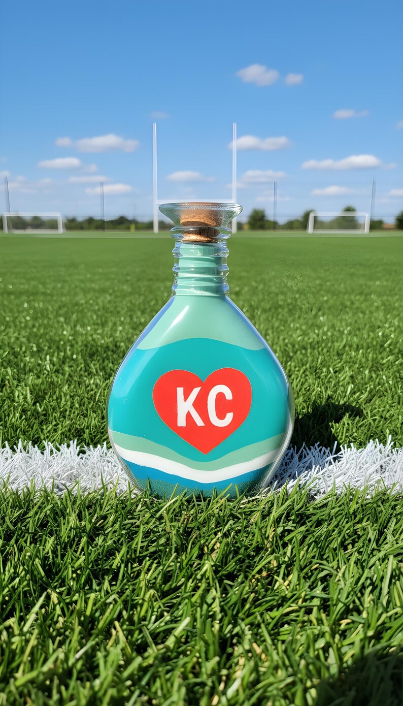 May include: A decorative glass bottle filled with layers of sand in shades of blue, white, and green. A red heart with the letters "KC" is centered on the bottle. The bottle has a cork stopper and is set on a green field.