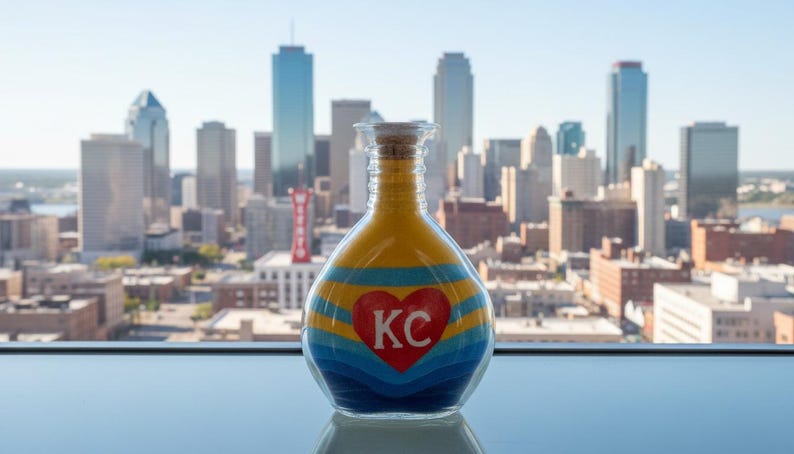 K&ouml;nnte beinhalten: Eine dekorative Glasflasche gef&uuml;llt mit Schichten aus gelbem, blauem und t&uuml;rkisfarbenem Sand. Ein rotes Herz mit "KC" in Wei&szlig; ist auf der Flasche zentriert. Der Hintergrund zeigt eine Stadtlandschaft mit hohen Geb&auml;uden.