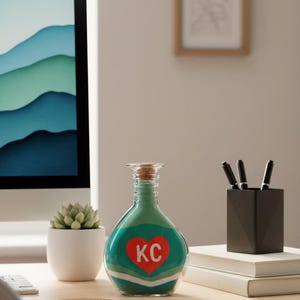 May include: A decorative glass bottle filled with green sand, featuring a red heart with "KC" inside. The bottle has a cork stopper and is on a wooden desk. A small succulent in a white pot and a black pen holder are also on the desk.