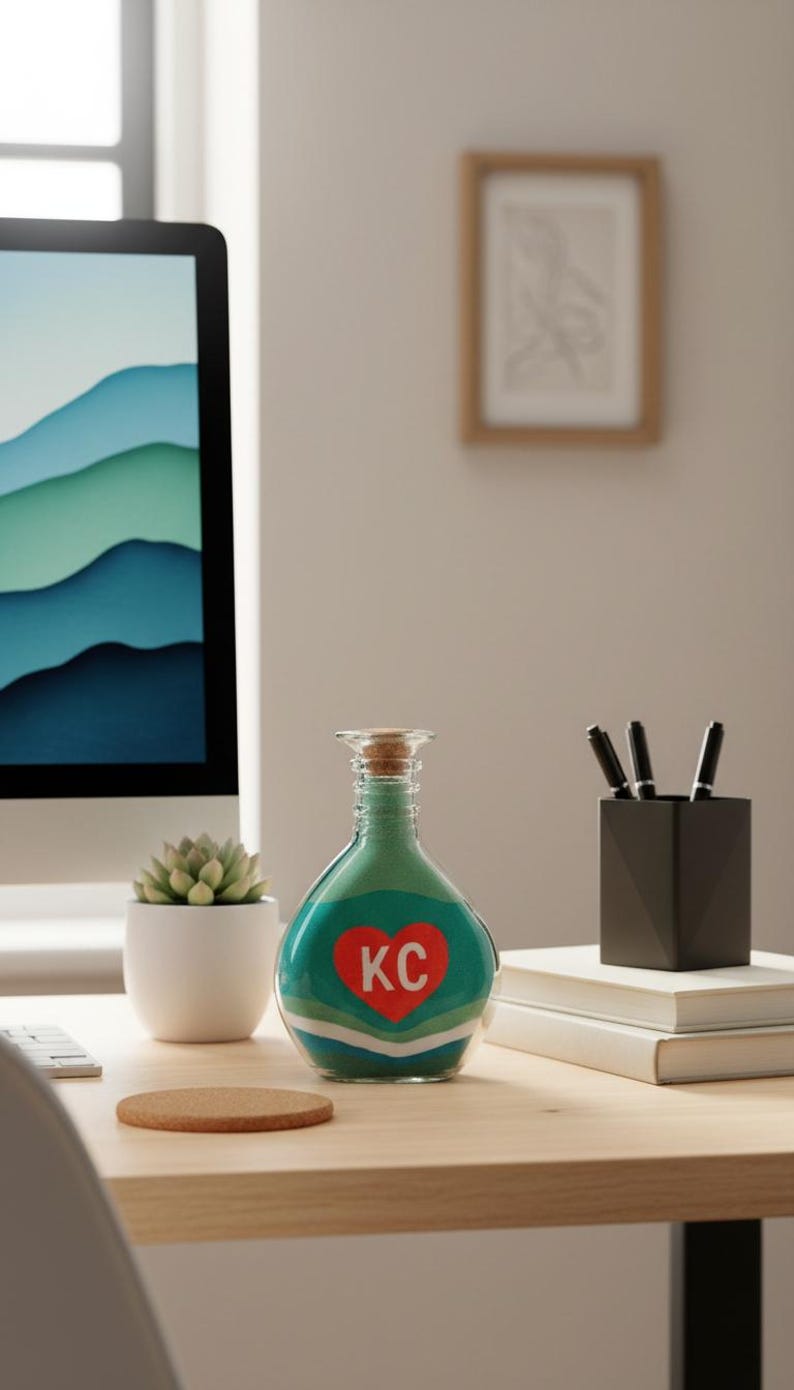May include: A decorative glass bottle filled with green sand, featuring a red heart with "KC" inside. The bottle has a cork stopper and is on a wooden desk. A small succulent in a white pot and a black pen holder are also on the desk.