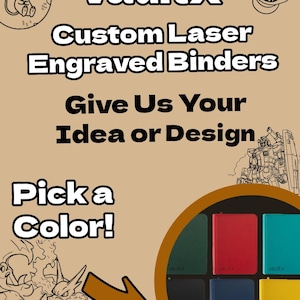 Könnte beinhalten: Eine Werbegrafik für individuell lasergravierte VaultX-Ordner mit dem Text VaultX Custom Laser Engraved Binders, Give Us Your Idea or Design und Pick a Color. Ein kreisförmiger Einsatz zeigt sechs rechteckige Ordner in Grün, Rot, Türkis, Schwarz, Blau und Gelb.