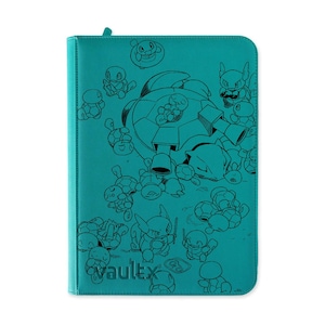 May include: A teal zippered binder featuring a black line art illustration of various turtle-like creatures in different poses. The design includes multiple small figures surrounding a larger central character with cannons, and the word Vaultx is printed in the bottom left corner.