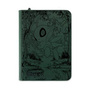 May include: A dark green zipped binder featuring a black line art illustration of the character Celebi flying through a forest landscape. The word Vaultx is embossed in the bottom left corner of the cover, which has rounded corners and a zip closure.