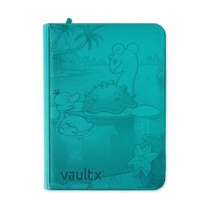 May include: A teal zippered binder featuring an embossed graphic of various aquatic creatures in a tropical water setting with palm trees. The word vaultx is printed in the bottom left corner. The binder has a smooth, solid-colored surface.