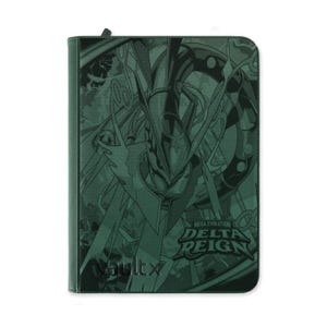 May include: A dark green trading card binder featuring a stylised graphic of a creature with sharp lines and geometric patterns. The cover displays the text Mega Evolution Delta Reign and the brand name Vaultx in a bold, dark font.