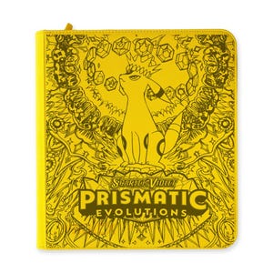 May include: A yellow binder with a zip closure, featuring a detailed illustration of a creature with a crown. The text "Scarlet & Violet PRISMATIC EVOLUTIONS" is displayed prominently. The background is filled with intricate line art.