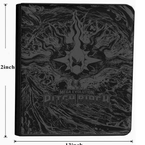 May include: A black binder featuring a dark, swirling graphic pattern and a central stylized emblem. The text 'MEGA EVOLUTION' and 'PITCH BLACK' is printed on the front. Measuring lines indicate a height of 2 inches and a width of 13 inches.
