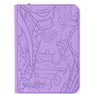 Peut inclure: Un classeur rectangulaire violet clair présentant une illustration en traits gravés du personnage Slowpoke assis sur des marches en pierre. Le motif inclut des nuages stylisés et des éléments architecturaux, avec la marque Vault-X imprimée en bas.