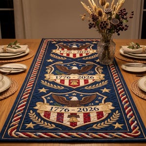 May include: A patriotic blue table runner with a repeating design of eagles, shields, stars, and the text "1776-2026". The runner has a red, white, and blue border and is placed on a wooden table. A vase of dried flowers sits in the background.