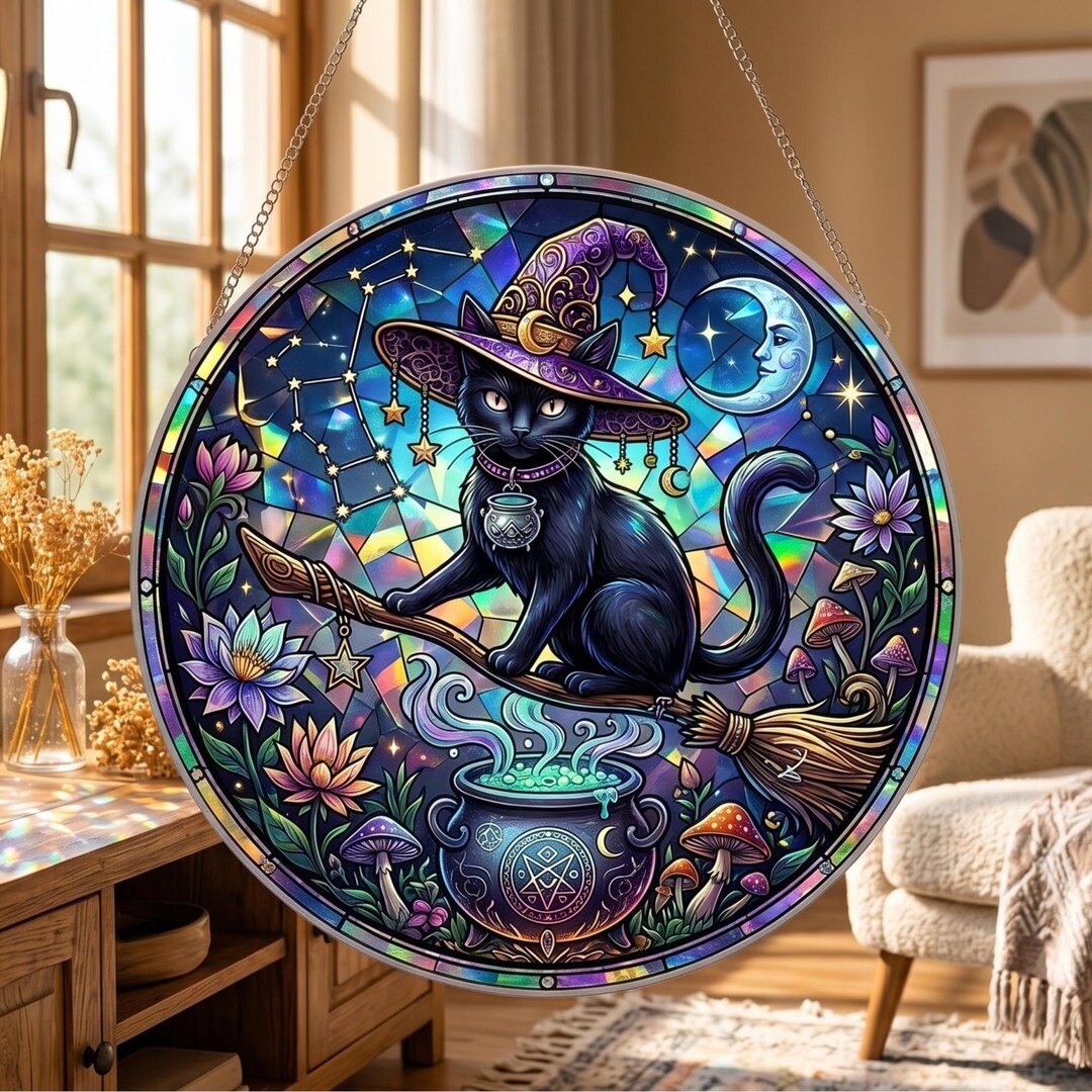 Black Witch Cat Suncatcher, Cauldron Moon Window Decor, Stained Glass ...