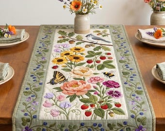 Camino de mesa Sage Green Garden, decoración de pájaros cantores y fresas, mantel floral de flores silvestres, regalo para amantes de las aves de estilo cottagecore, arte para la mesa de verano