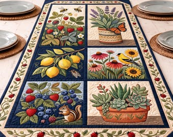 Camino de mesa con diseño de jardín, decoración floral de frutas de verano, mantel de fresas y limones, centro de mesa de suculentas y lavanda, idea de regalo para jardineros.