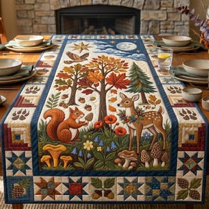 Woodland Squirrel Deer Quilt Runner, Autumn Forest Table Decor, Rustic Squirrel Fawn Centerpiece, Fall Cabin Tablecloth, Nature Lover Gift