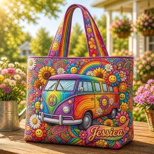 May include: A colorful tote bag with a vibrant, psychedelic design. The bag features a rainbow-colored van, sunflowers, smiley faces, and a rainbow. The handles are rainbow-striped. The name "Jessica" is displayed on the front. The bag is sitting on a wooden table.