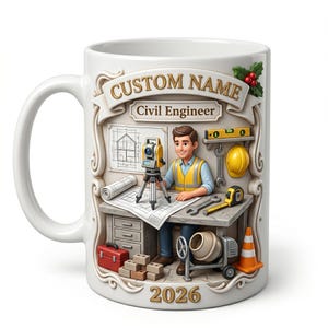 Puede incluir: Una taza de cerámica blanca con una ilustración en 3D de un ingeniero civil en un escritorio con planos, una estación total, un casco amarillo, herramientas y una hormigonera. El texto dice CUSTOM NAME, Civil Engineer y el año 2026.