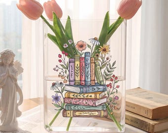Book Lover Floral Books Book Vase, Stacked Books With Flowers Vase Decor, Cozy Reading Aesthetic Book Vase, Library Home Decor Gift