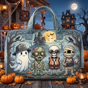 Puede incluir: Un bolso acolchado de color azul claro con un estampado gráfico de un fantasma con un sombrero Surf Academy, un zombi con gafas, un esqueleto con chaleco y una momia con una cámara y una poción frente a un fondo de casa encantada.