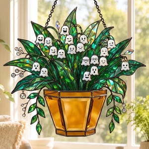 Lily of the Valley Suncatcher, Cute Ghost Flower Window Hanging, Whimsical Plant Lover Decor, Halloween Pumpkin Pot Art, Kawaii Spooky Gift