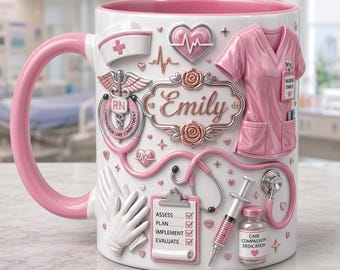 Aangepaste mok caduceus verpleegkundige, gepersonaliseerd RN-afstudeercadeau, 3D-effect roze scrubs koffiekopje, schattige roze bloemen verpleegkundige waardering aanwezig
