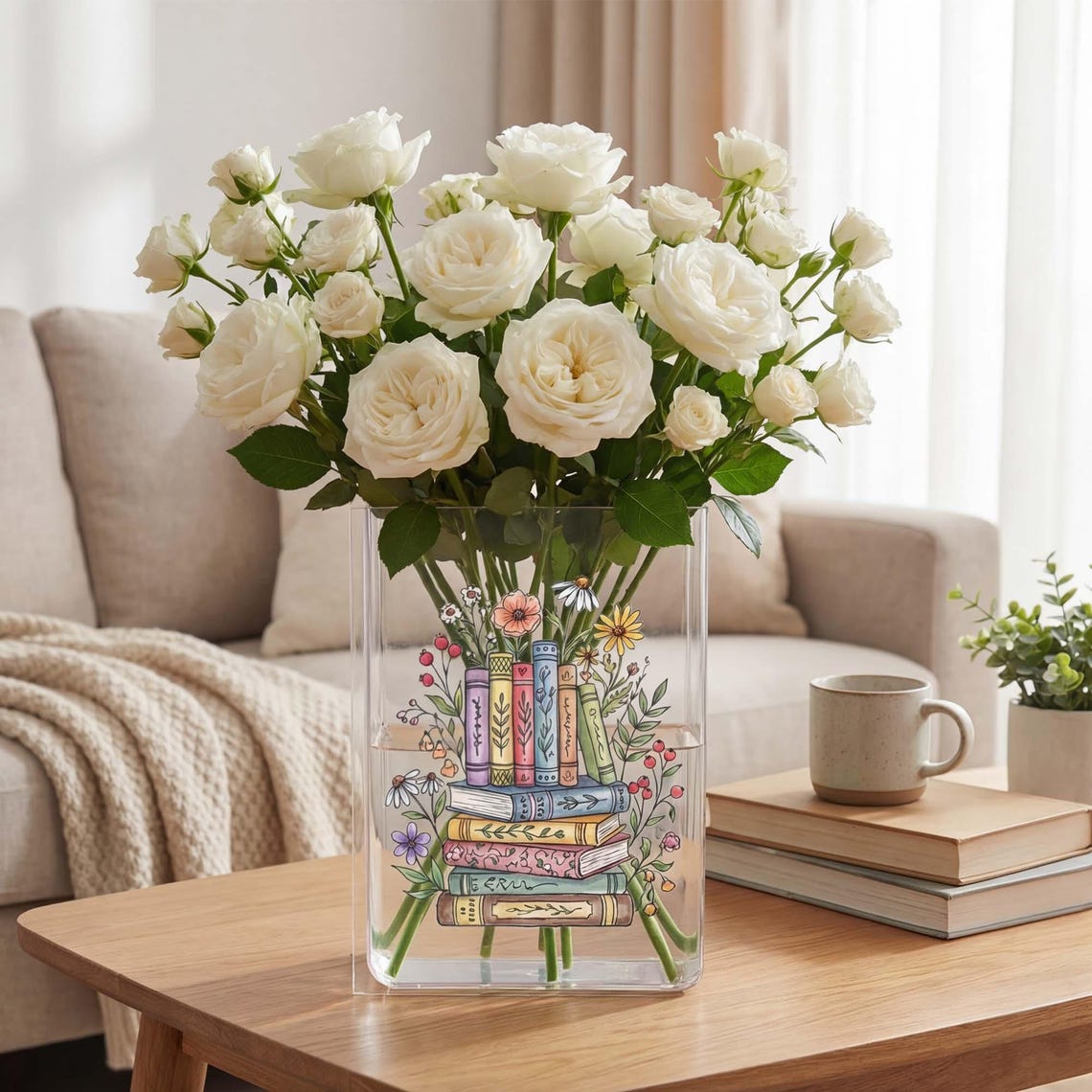 Book Lover Floral Books Book Vase, Stacked Books With Flowers Vase ...