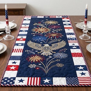 Patriotic Fireworks Quilt Runner, 4th of July Eagle Table Decor, Independence Day Midnight Blue Tablecloth, Festive US Pride Dinner Gift