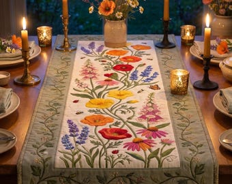 Wildflower Quilt Table Runner, Floral Dining Decor, Botanical Garden Tablecloth, Embroidered Style Poppy Lavender Decor, Housewarming Gift