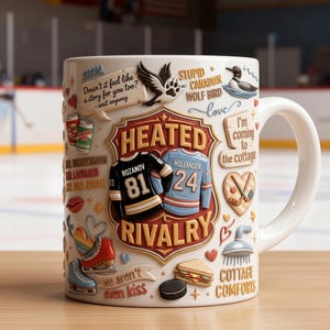 Puede incluir: Una taza de cerámica blanca con un escudo central que muestra dos camisetas de hockey con los nombres ROZANOV 81 y HOLLANDER 24, rodeado de textos como HEATED RIVALRY, imágenes de cabañas, un colimbo, patines, un sándwich y un disco.