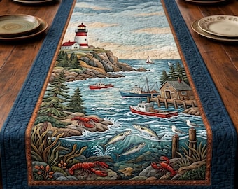 Lighthouse Quilt Table Runner, Coastal Nautical Decor, Ocean Scene Tablecloth, Lobster Fish Beach House Decor, New England Style Gift