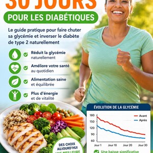 Peut inclure: Un dépliant promotionnel intitulé LE PROTOCOLE DES 30 JOURS POUR LES DIABÉTIQUES montrant une personne qui court, une assiette de poulet grillé avec des légumes et un graphique d'évolution de la glycémie sur 30 jours avec du texte.
