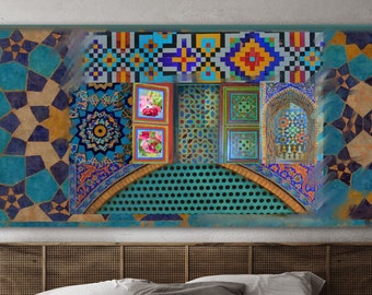 Bukhara Travel View Middle Eastern Art Large Panorama Window Scene Ethnic Decor Blue Brown  Living Room