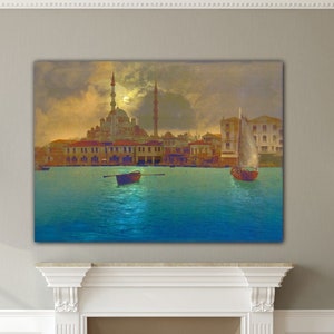 Turkish Moonlight, Blue Mosque Portrait, Breathtaking Views,Middle Eastern,Home Décor, Painting, Wall Art Print, Canvas Art,Wall Decal