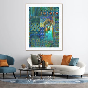 Arch within Arches, Middle Eastern, Persian Turkish, Indo Pak Architecture, Blue Turquoises, Living Room, Moroccan Décor, Bohemian, Eid Gift image 4