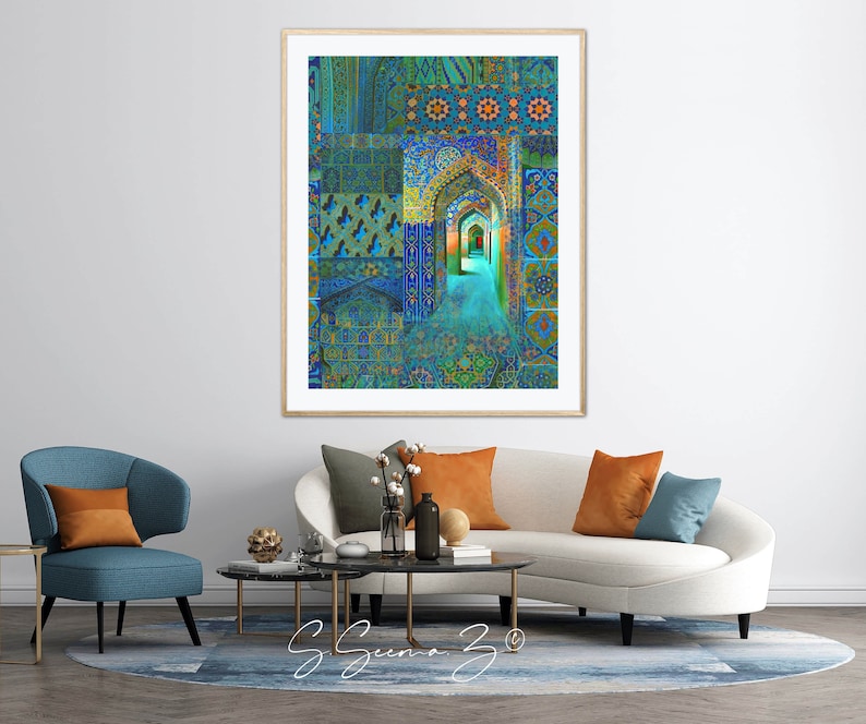 Arch within Arches, Middle Eastern, Persian Turkish, Indo Pak Architecture, Blue Turquoises, Living Room, Moroccan Décor, Bohemian, Eid Gift image 4