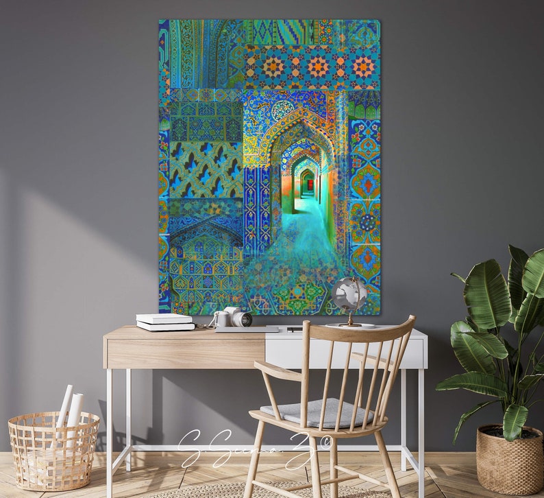 Arch within Arches, Middle Eastern, Persian Turkish, Indo Pak Architecture, Blue Turquoises, Living Room, Moroccan Décor, Bohemian, Eid Gift image 1