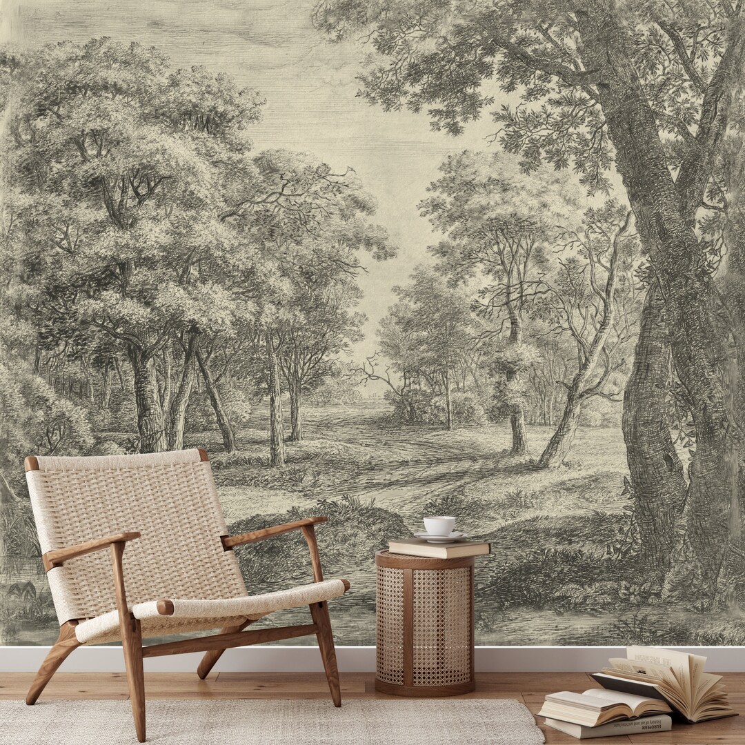 VINTAGE WALLPAPER, Inspiring Wall Art, Trees Drawing, Muted Color, Gray