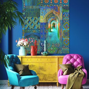 Arch within Arches, Middle Eastern, Persian Turkish, Indo Pak Architecture, Blue Turquoises, Living Room, Moroccan Décor, Bohemian, Eid Gift image 7