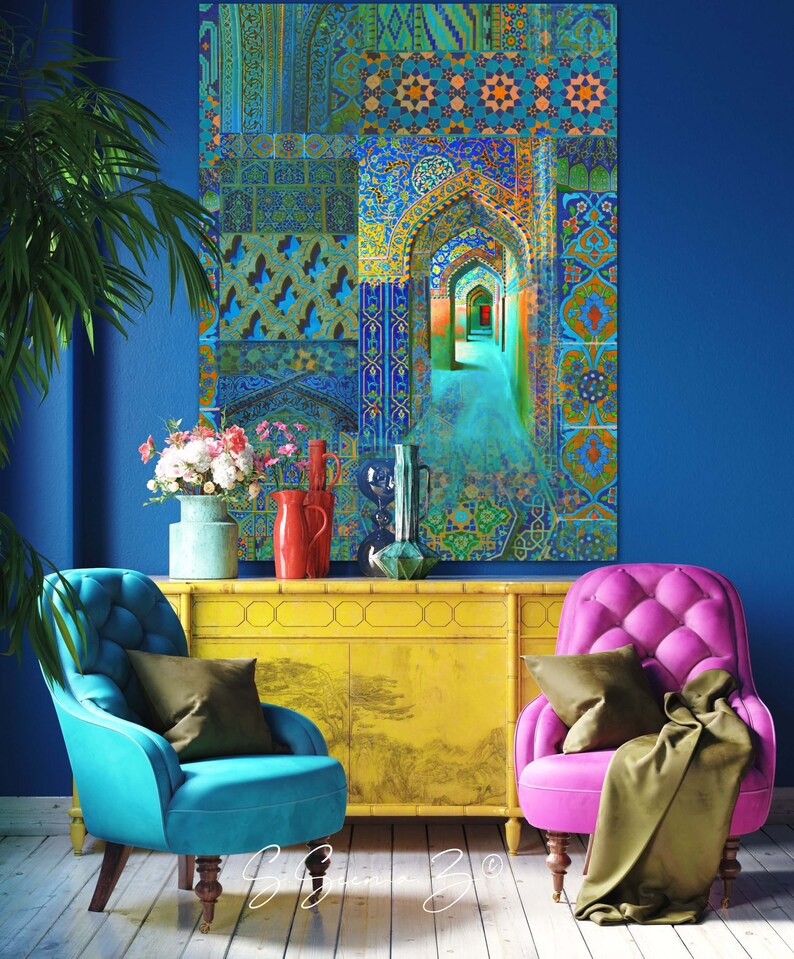 Arch within Arches, Middle Eastern, Persian Turkish, Indo Pak Architecture, Blue Turquoises, Living Room, Moroccan Décor, Bohemian, Eid Gift image 7