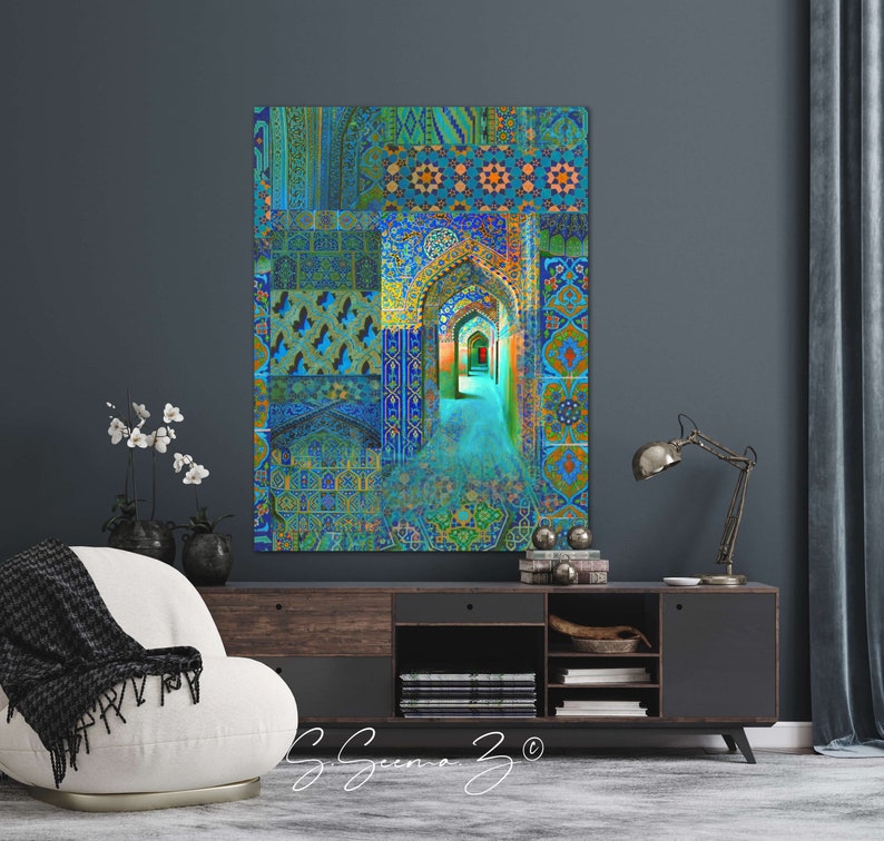 Arch within Arches, Middle Eastern, Persian Turkish, Indo Pak Architecture, Blue Turquoises, Living Room, Moroccan Décor, Bohemian, Eid Gift image 5