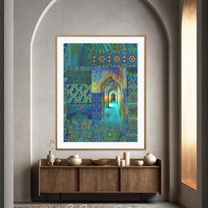 Arch within Arches, Middle Eastern, Persian Turkish, Indo Pak Architecture, Blue Turquoises, Living Room, Moroccan Décor, Bohemian, Eid Gift image 3