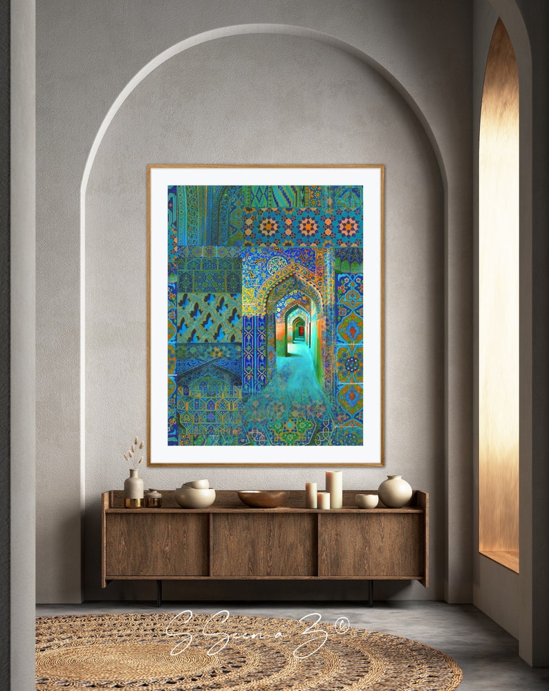 Arch within Arches, Middle Eastern, Persian Turkish, Indo Pak Architecture, Blue Turquoises, Living Room, Moroccan Décor, Bohemian, Eid Gift image 3