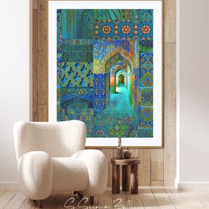 Arch within Arches, Middle Eastern, Persian Turkish, Indo Pak Architecture, Blue Turquoises, Living Room, Moroccan Décor, Bohemian, Eid Gift image 9