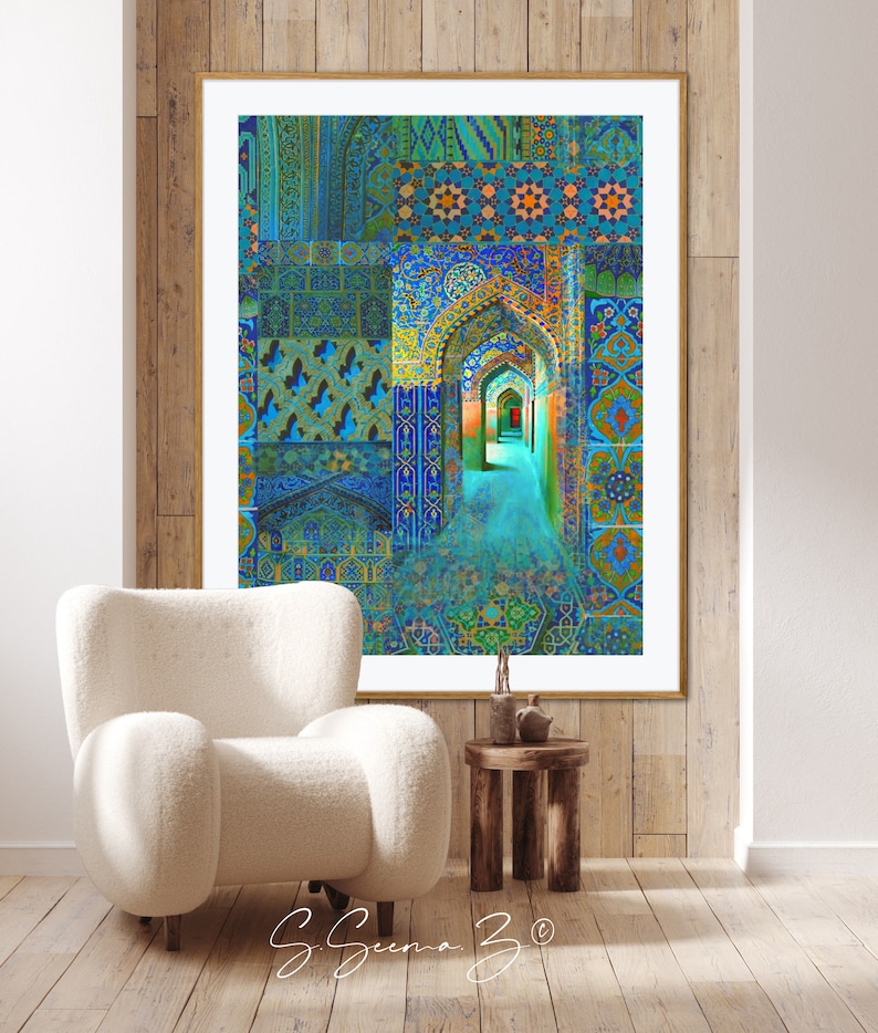 Arch within Arches, Middle Eastern, Persian Turkish, Indo Pak Architecture, Blue Turquoises, Living Room, Moroccan Décor, Bohemian, Eid Gift image 9