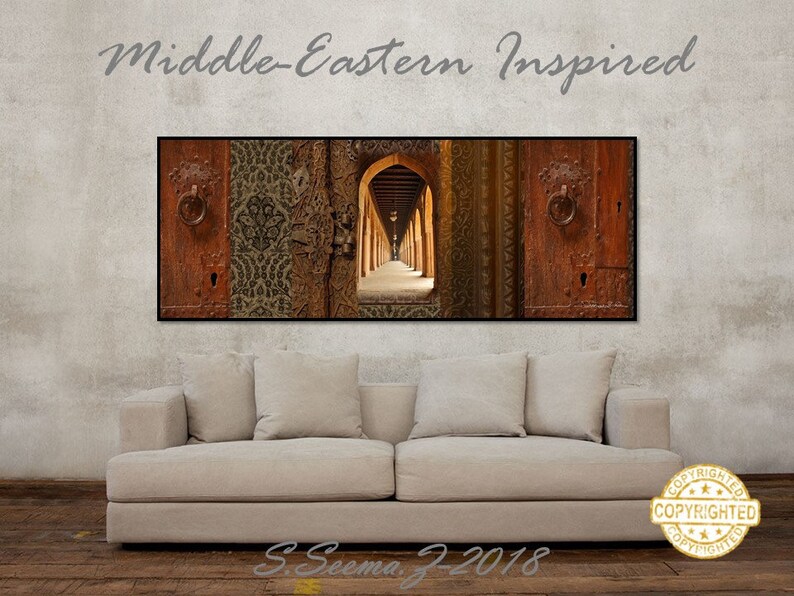 Middle Eastern Rustic Mixed Media Giclee Arab Dubai Islamic Art Living Room Wooden Doorway Desi Turkish Morocco Seema