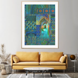 Arch within Arches, Middle Eastern, Persian Turkish, Indo Pak Architecture, Blue Turquoises, Living Room, Moroccan Décor, Bohemian, Eid Gift image 8