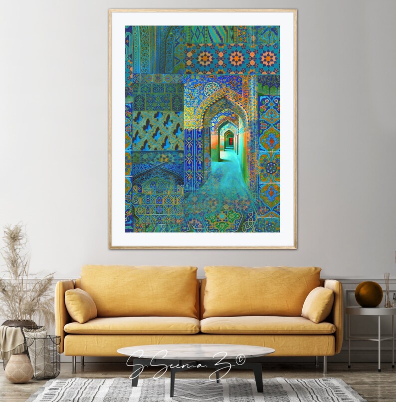 Arch within Arches, Middle Eastern, Persian Turkish, Indo Pak Architecture, Blue Turquoises, Living Room, Moroccan Décor, Bohemian, Eid Gift image 8